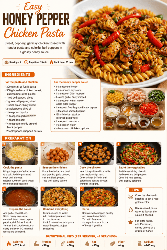 Honey pepper chicken pasta with golden chicken pieces, rotini pasta, colorful bell peppers, glossy honey garlic sauce, and fresh parsley.