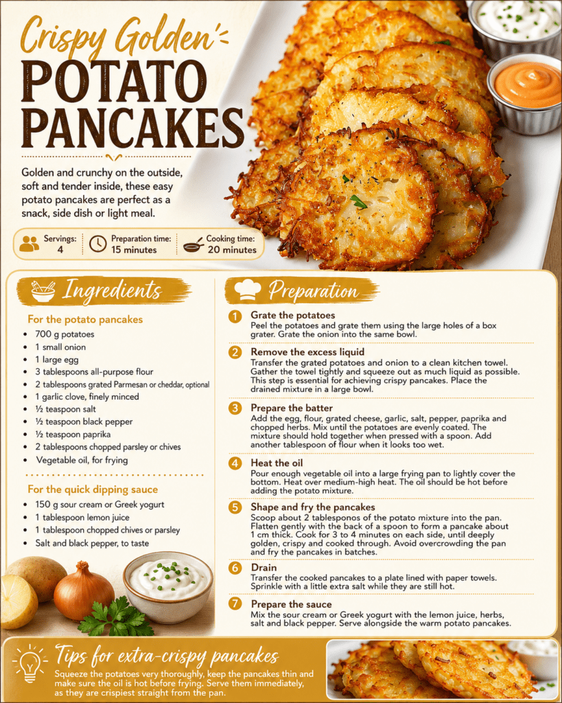 Crispy golden potato pancakes stacked on a plate with a creamy herb yogurt dipping sauce, fresh chives, and a rustic homemade presentation.
