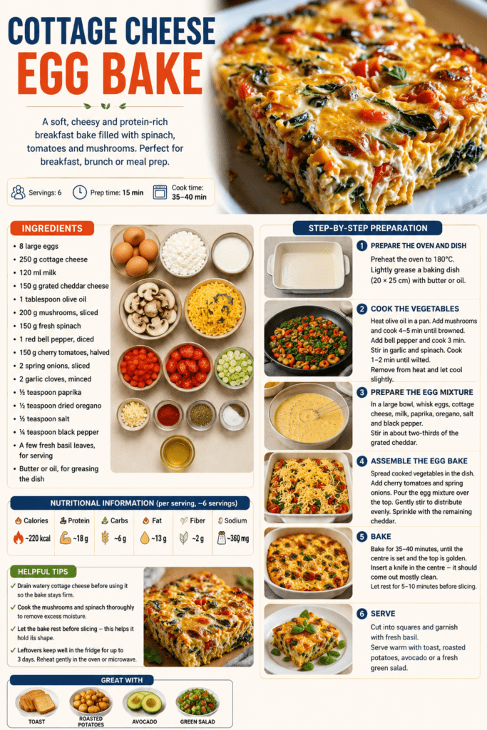 Cottage cheese egg bake sliced into squares with spinach, mushrooms, cherry tomatoes, cheddar cheese, spring onions, and fresh basil on top.