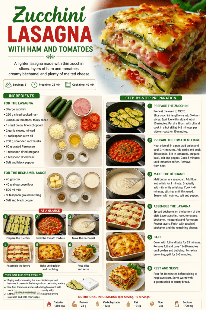 Zucchini lasagna with thin zucchini layers, cooked ham, sliced tomatoes, creamy béchamel sauce, melted mozzarella, and golden Parmesan topping.