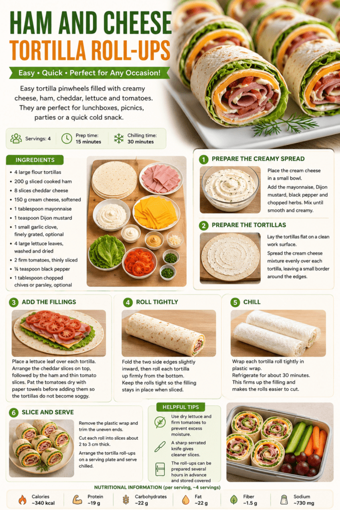 Ham and cheese tortilla roll-ups sliced into pinwheels with creamy cheese spread, cooked ham, cheddar, lettuce, and tomatoes on a serving plate.