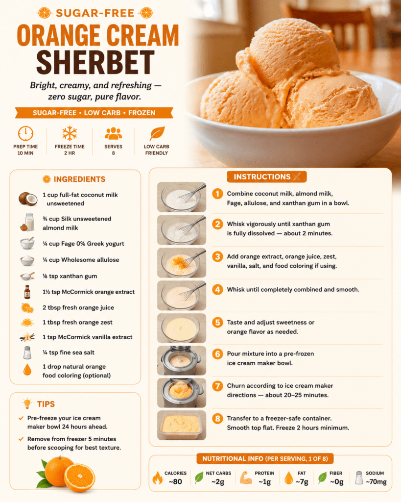 A scoop of sugar-free orange cream sherbet with a smooth creamy texture, bright orange color, fresh orange zest, and a refreshing frozen citrus finish.