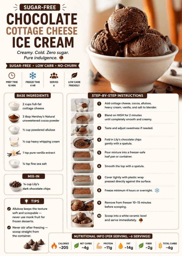 A bowl of sugar-free chocolate cottage cheese ice cream with a creamy dark chocolate texture, chocolate chips, and smooth scoops served cold.