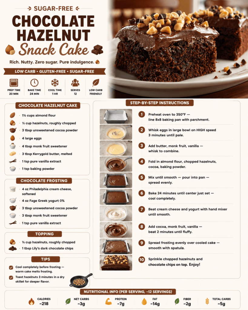 A square sugar-free chocolate hazelnut snack cake with creamy chocolate frosting, chopped hazelnuts, dark chocolate chips, and a rich cocoa crumb.