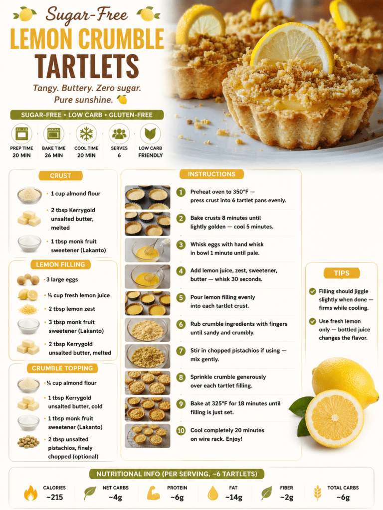 Sugar-free lemon crumble tartlets with almond flour crust, bright lemon filling, buttery crumble topping, chopped pistachios, and golden baked edges.