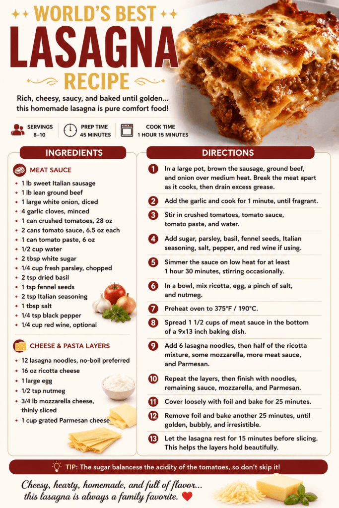 A golden baked homemade lasagna with rich meat sauce, creamy ricotta layers, melted mozzarella, Parmesan cheese, and perfectly sliced pasta layers.