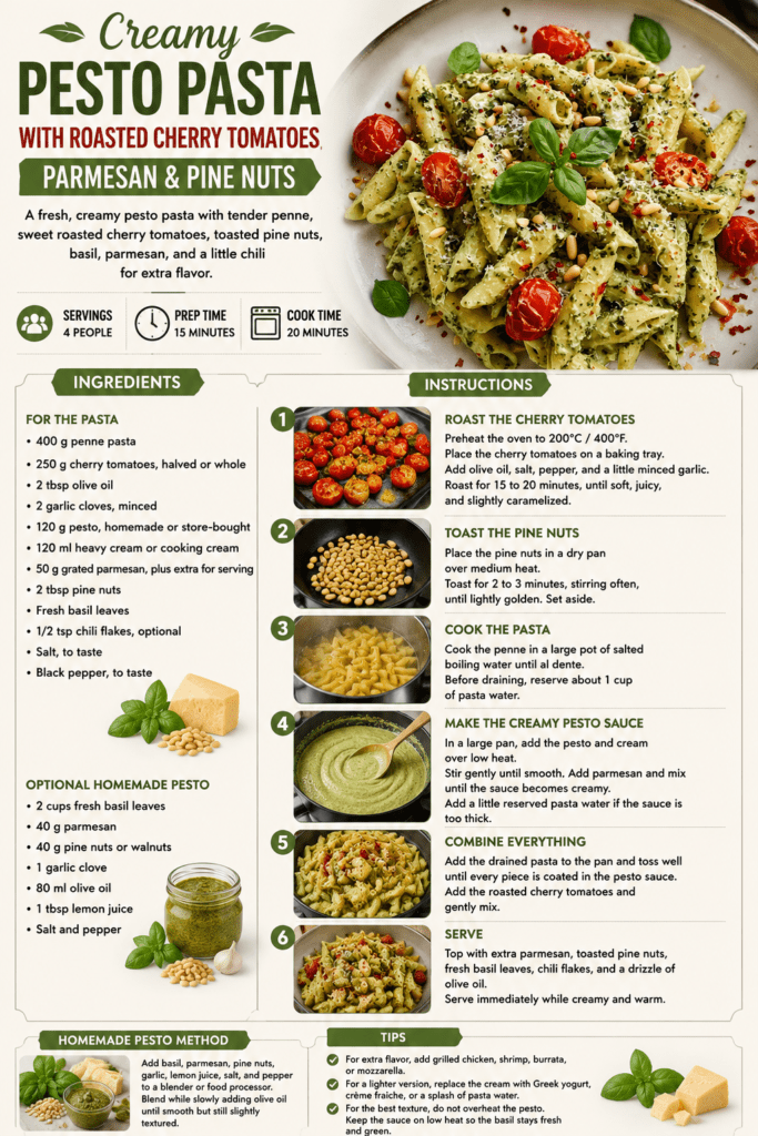 A bowl of creamy pesto penne pasta with roasted cherry tomatoes, grated Parmesan, toasted pine nuts, fresh basil leaves, chili flakes, and olive oil.