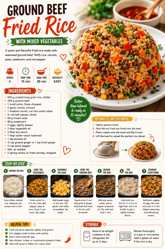 Homemade ground beef fried rice shaped into a dome with carrots, peas, sweetcorn, red pepper, scrambled eggs, and chopped spring onions on a white plate.