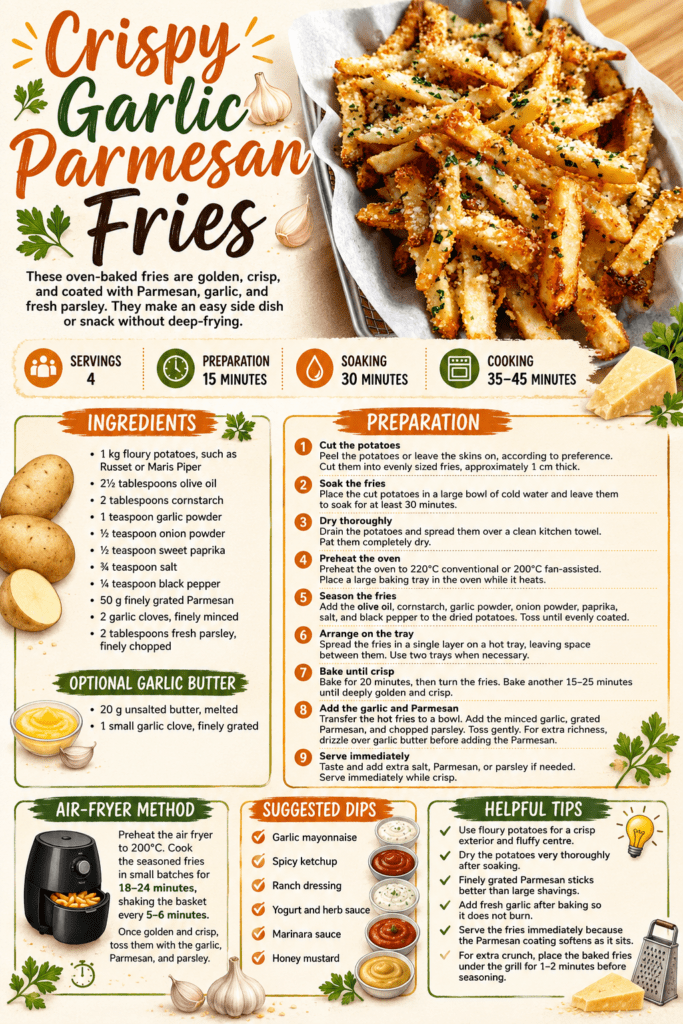 Golden oven-baked garlic Parmesan fries with crisp edges, fluffy centers, finely grated cheese, minced garlic, and fresh chopped parsley.