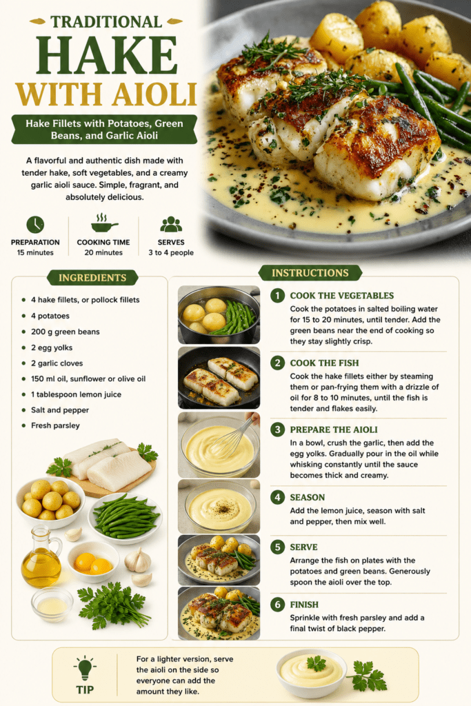Traditional hake fillets served with boiled potatoes, green beans, creamy garlic aioli, fresh parsley, and cracked black pepper on a rustic plate.