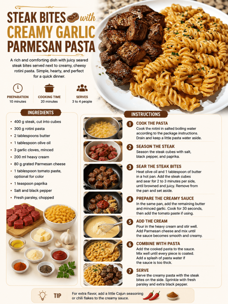 Juicy seared steak bites served beside creamy garlic Parmesan rotini pasta, finished with fresh parsley and cracked black pepper.