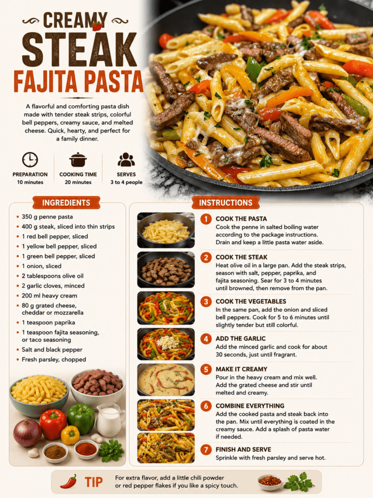 Creamy steak fajita pasta with penne, tender steak strips, red yellow and green bell peppers, melted cheese, and fresh parsley in a skillet.