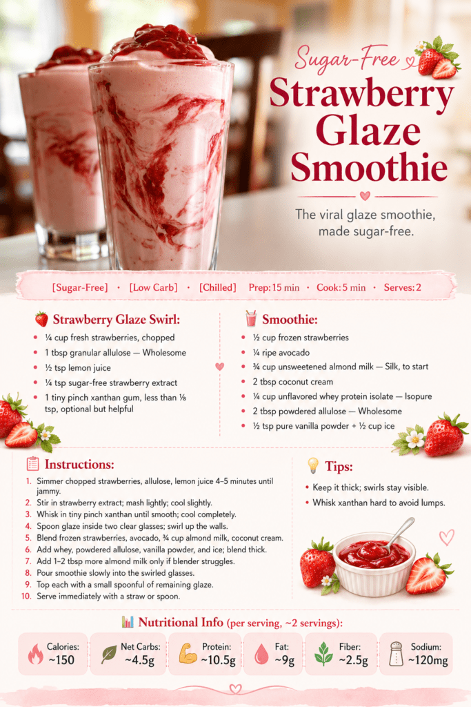 Sugar-free strawberry glaze smoothie served in clear glasses with a thick pink smoothie base, glossy strawberry swirl, and fresh strawberry topping.