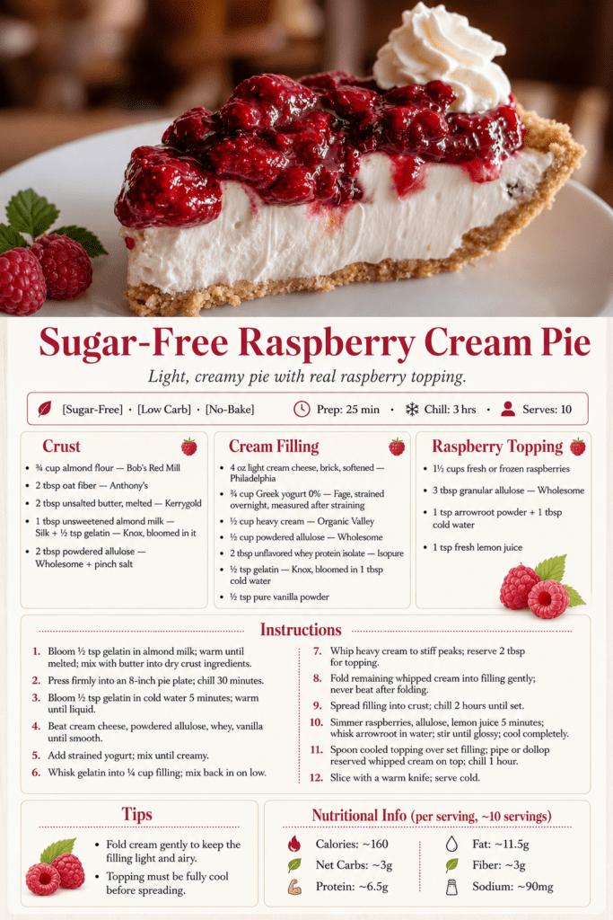 Sugar-free raspberry cream pie with almond flour crust, light vanilla cream filling, glossy raspberry topping, and whipped cream dollops served chilled.