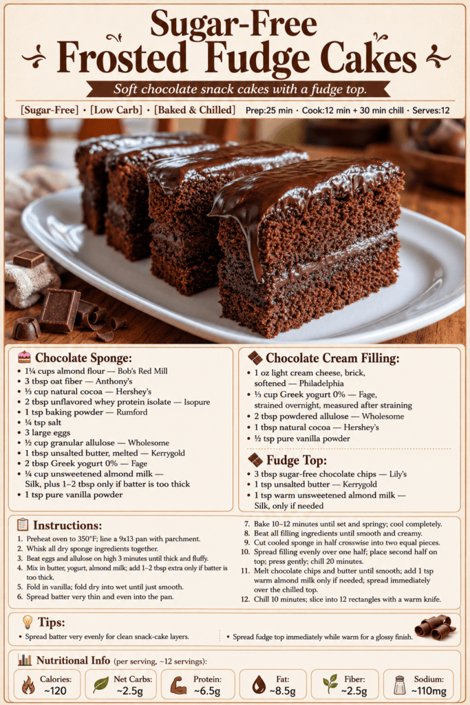 Sugar-free frosted fudge cakes cut into neat rectangles with soft chocolate sponge layers, creamy chocolate filling, and glossy fudge topping.