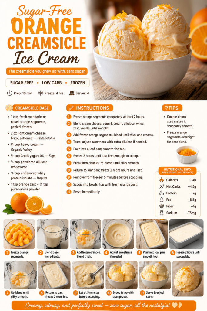 Sugar-free orange creamsicle ice cream scooped into a bowl with fresh orange zest, creamy pale orange texture, and a smooth frozen finish.