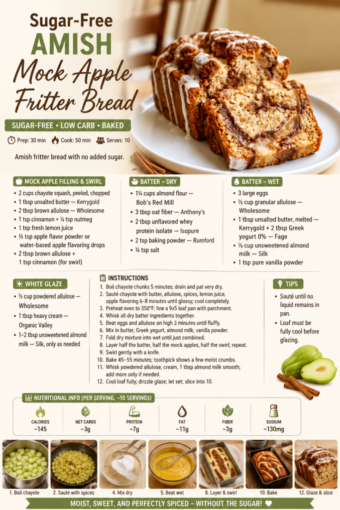 Sugar-free Amish mock apple fritter bread loaf sliced with cinnamon mock apple swirl, white glaze drizzle, and soft low-carb crumb.