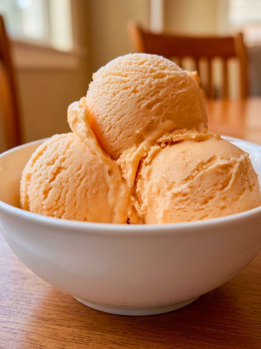 A scoop of sugar-free orange cream sherbet with a smooth creamy texture, bright orange color, fresh orange zest, and a refreshing frozen citrus finish.