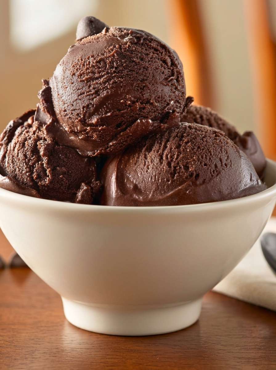 A bowl of sugar-free chocolate cottage cheese ice cream with a creamy dark chocolate texture, chocolate chips, and smooth scoops served cold.