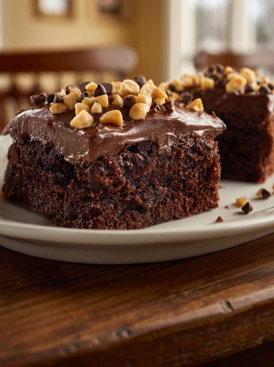 A square sugar-free chocolate hazelnut snack cake with creamy chocolate frosting, chopped hazelnuts, dark chocolate chips, and a rich cocoa crumb.