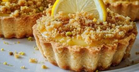 Sugar-free lemon crumble tartlets with almond flour crust, bright lemon filling, buttery crumble topping, chopped pistachios, and golden baked edges.