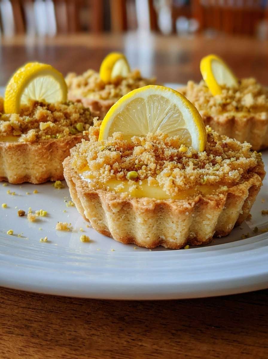 Sugar-free lemon crumble tartlets with almond flour crust, bright lemon filling, buttery crumble topping, chopped pistachios, and golden baked edges.