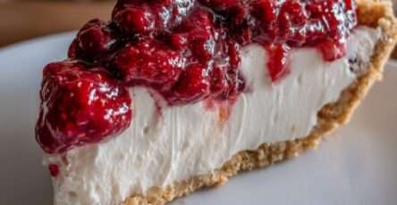 Sugar-free raspberry cream pie with almond flour crust, light vanilla cream filling, glossy raspberry topping, and whipped cream dollops served chilled.