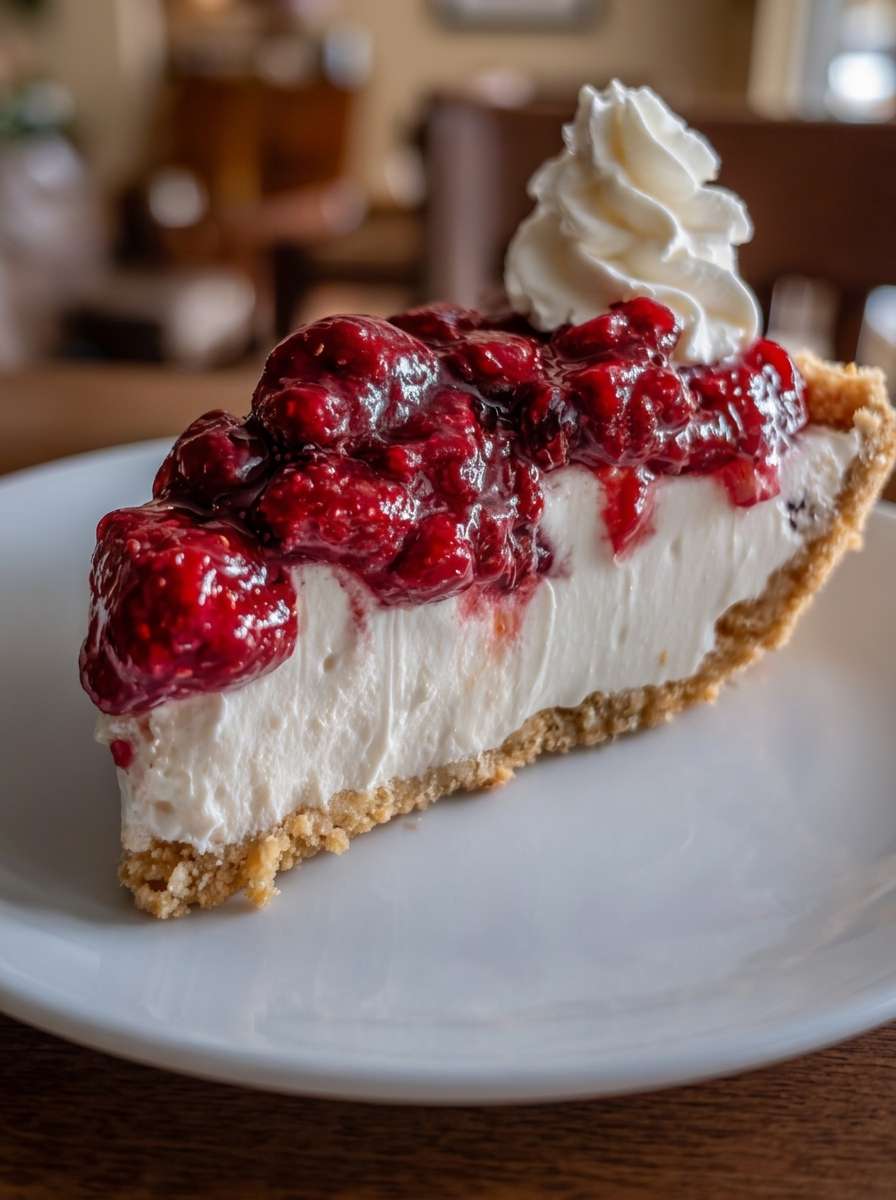 Sugar-free raspberry cream pie with almond flour crust, light vanilla cream filling, glossy raspberry topping, and whipped cream dollops served chilled.