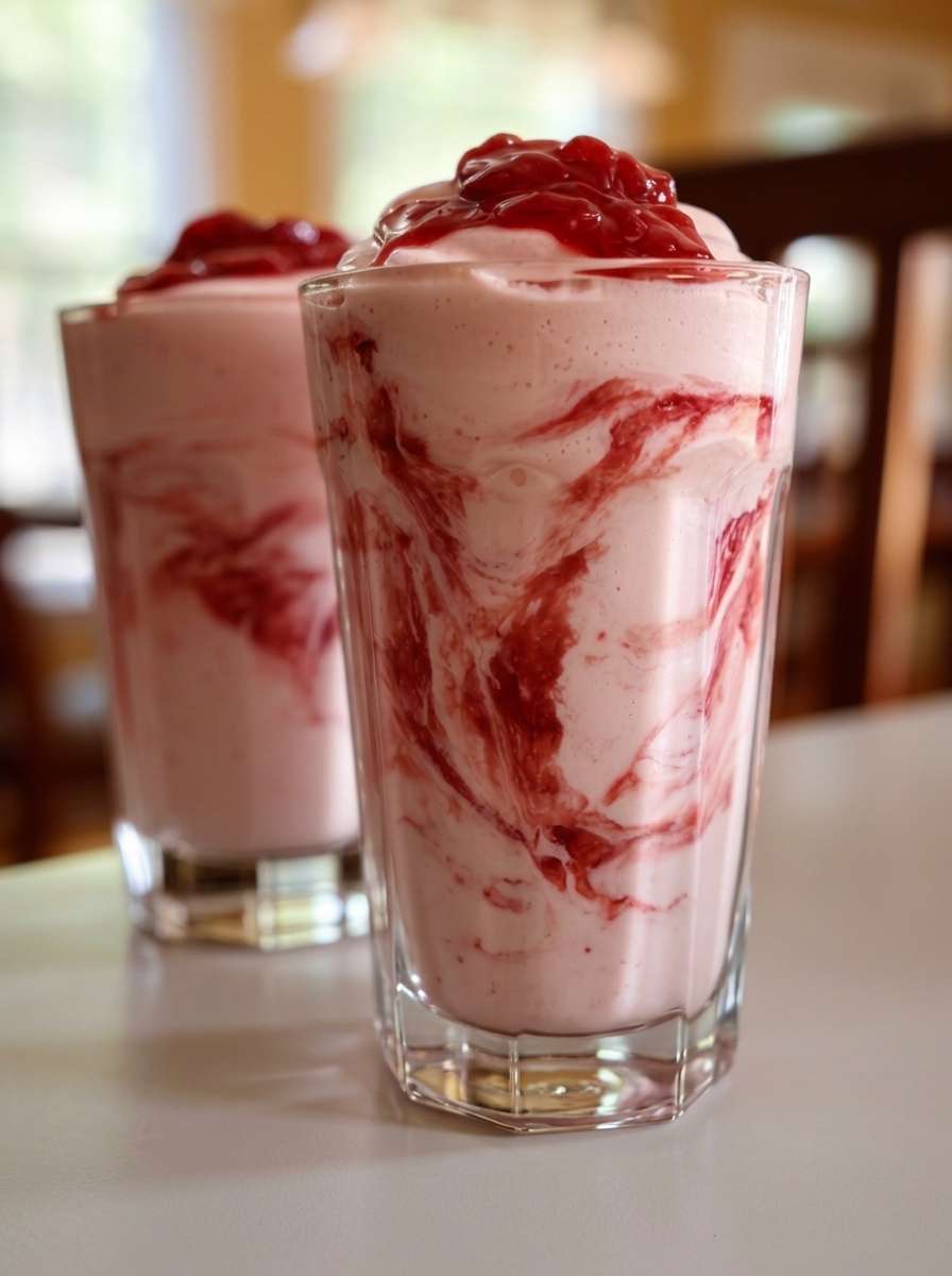 Sugar-free strawberry glaze smoothie served in clear glasses with a thick pink smoothie base, glossy strawberry swirl, and fresh strawberry topping.