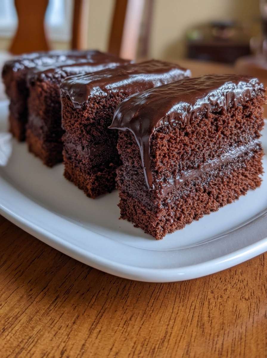Sugar-free frosted fudge cakes cut into neat rectangles with soft chocolate sponge layers, creamy chocolate filling, and glossy fudge topping.