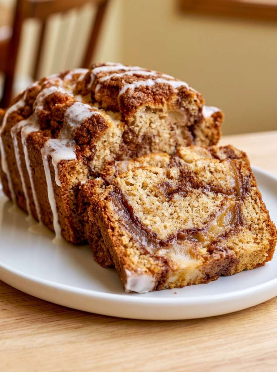Sugar-free Amish mock apple fritter bread loaf sliced with cinnamon mock apple swirl, white glaze drizzle, and soft low-carb crumb.