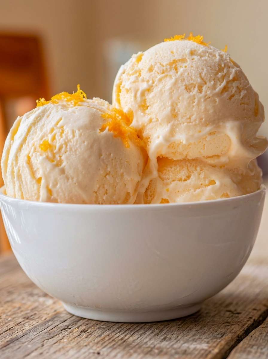 Sugar-free orange creamsicle ice cream scooped into a bowl with fresh orange zest, creamy pale orange texture, and a smooth frozen finish.