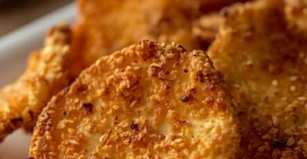 Crispy Parmesan cottage cheese chips served on a plate with golden edges, grated Parmesan, garlic seasoning, Italian herbs, and a crunchy texture.