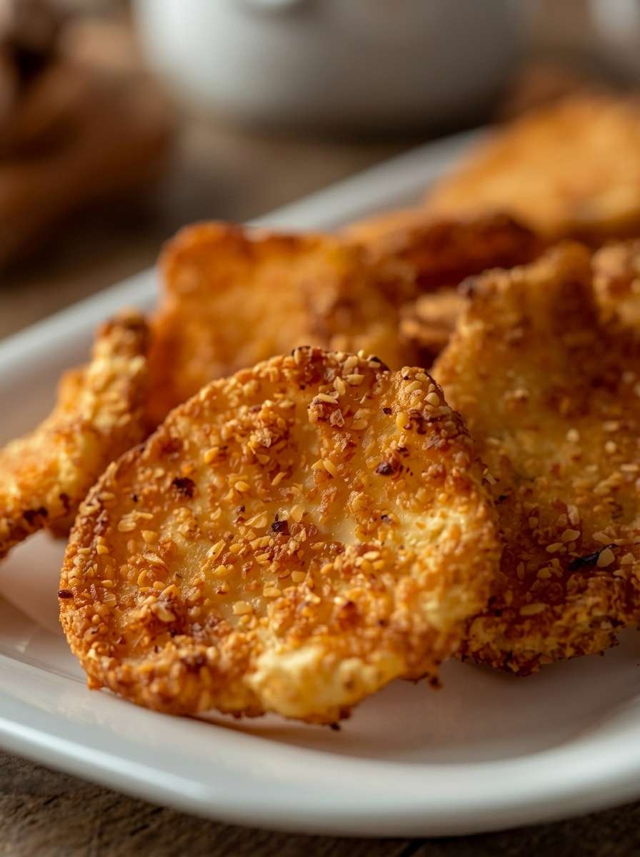 Crispy Parmesan cottage cheese chips served on a plate with golden edges, grated Parmesan, garlic seasoning, Italian herbs, and a crunchy texture.