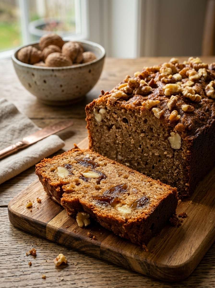 Sliced homemade date and walnut loaf topped with crunchy walnuts and a glossy honey glaze, served on a wooden board beside a warm cup of tea.