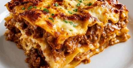 A golden baked homemade lasagna with rich meat sauce, creamy ricotta layers, melted mozzarella, Parmesan cheese, and perfectly sliced pasta layers.