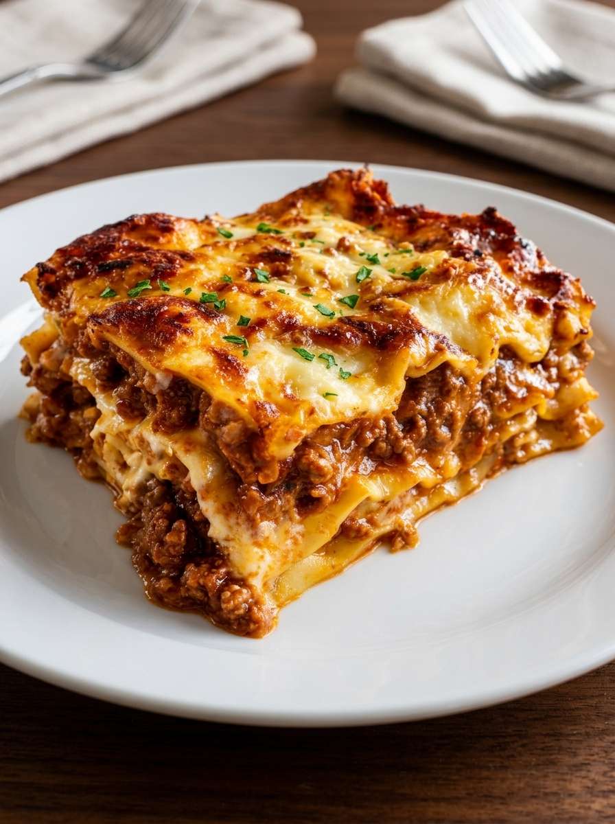 A golden baked homemade lasagna with rich meat sauce, creamy ricotta layers, melted mozzarella, Parmesan cheese, and perfectly sliced pasta layers.