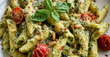 A bowl of creamy pesto penne pasta with roasted cherry tomatoes, grated Parmesan, toasted pine nuts, fresh basil leaves, chili flakes, and olive oil.