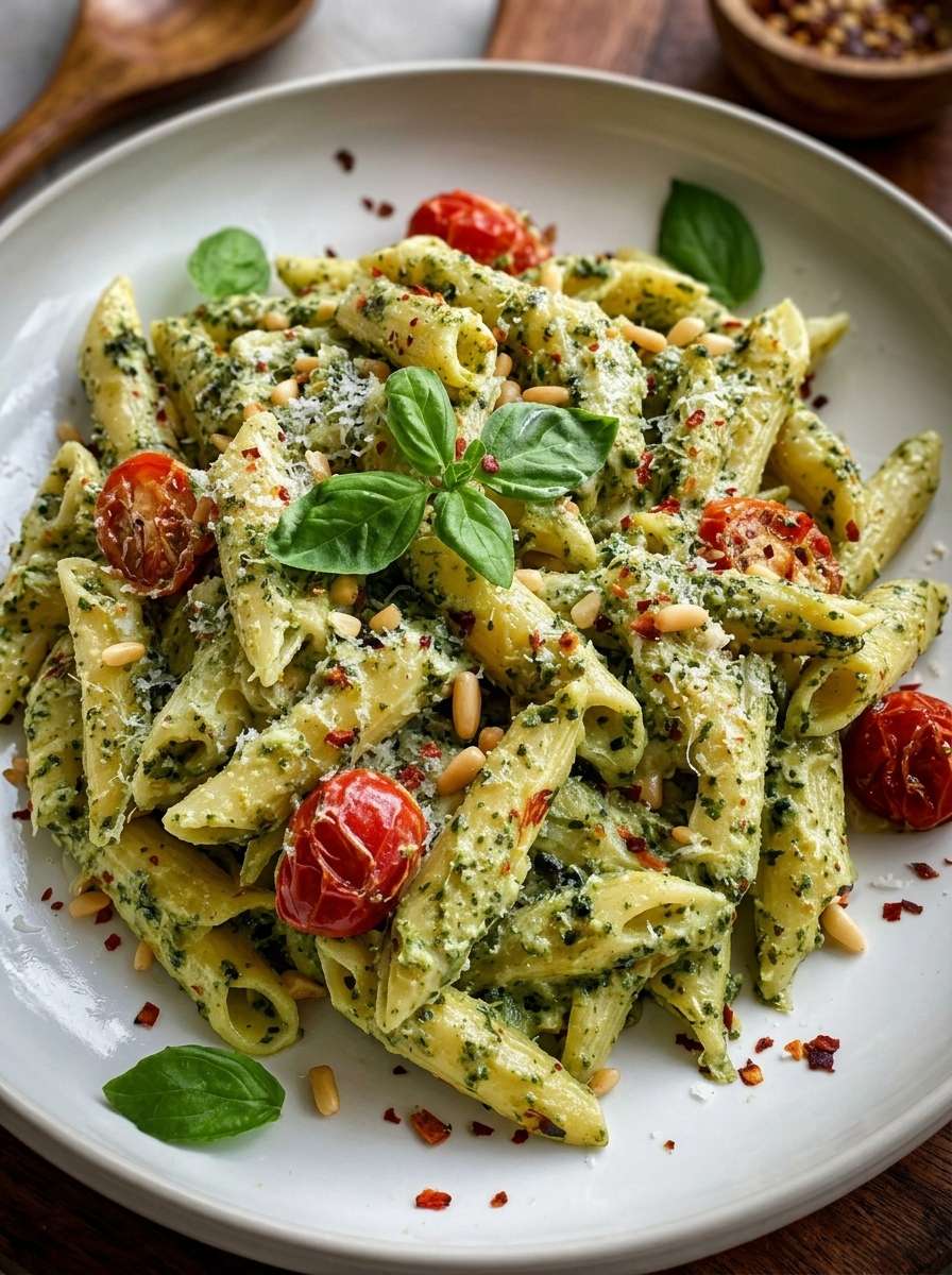 A bowl of creamy pesto penne pasta with roasted cherry tomatoes, grated Parmesan, toasted pine nuts, fresh basil leaves, chili flakes, and olive oil.
