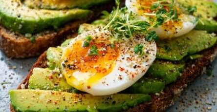 A slice of crispy avocado toast topped with creamy mashed avocado, sea salt, black pepper, lemon juice, red pepper flakes, and fresh optional toppings.