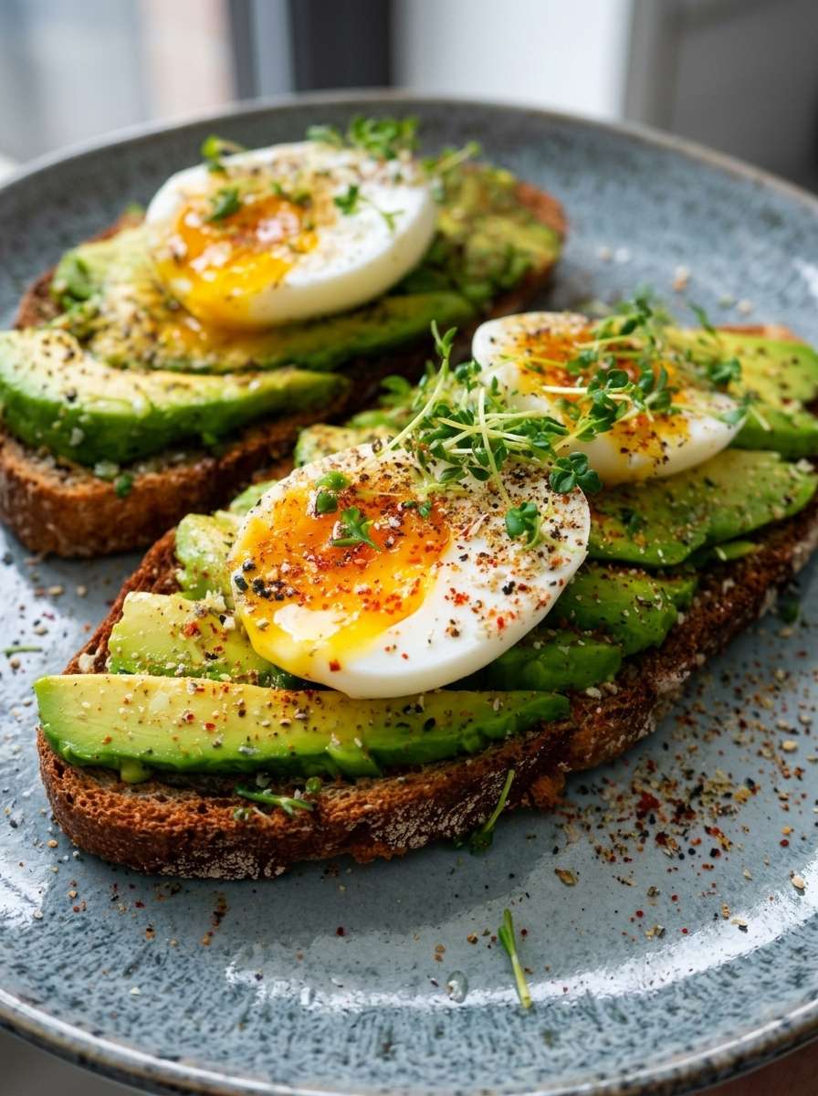 A slice of crispy avocado toast topped with creamy mashed avocado, sea salt, black pepper, lemon juice, red pepper flakes, and fresh optional toppings.