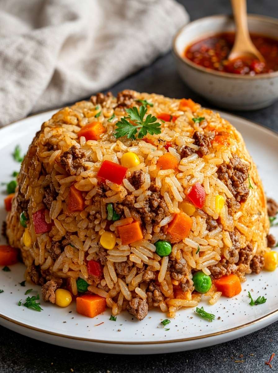 Homemade ground beef fried rice shaped into a dome with carrots, peas, sweetcorn, red pepper, scrambled eggs, and chopped spring onions on a white plate.