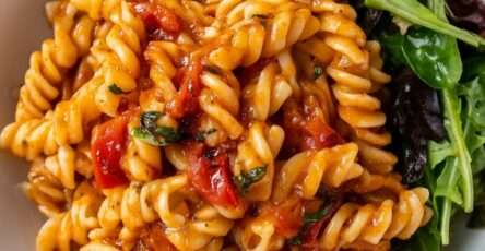 Creamy tomato and roasted red pepper fusilli coated in a smooth orange-red Parmesan sauce, topped with fresh basil and served beside mixed salad leaves.
