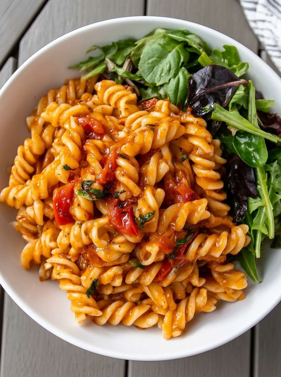 Creamy tomato and roasted red pepper fusilli coated in a smooth orange-red Parmesan sauce, topped with fresh basil and served beside mixed salad leaves.