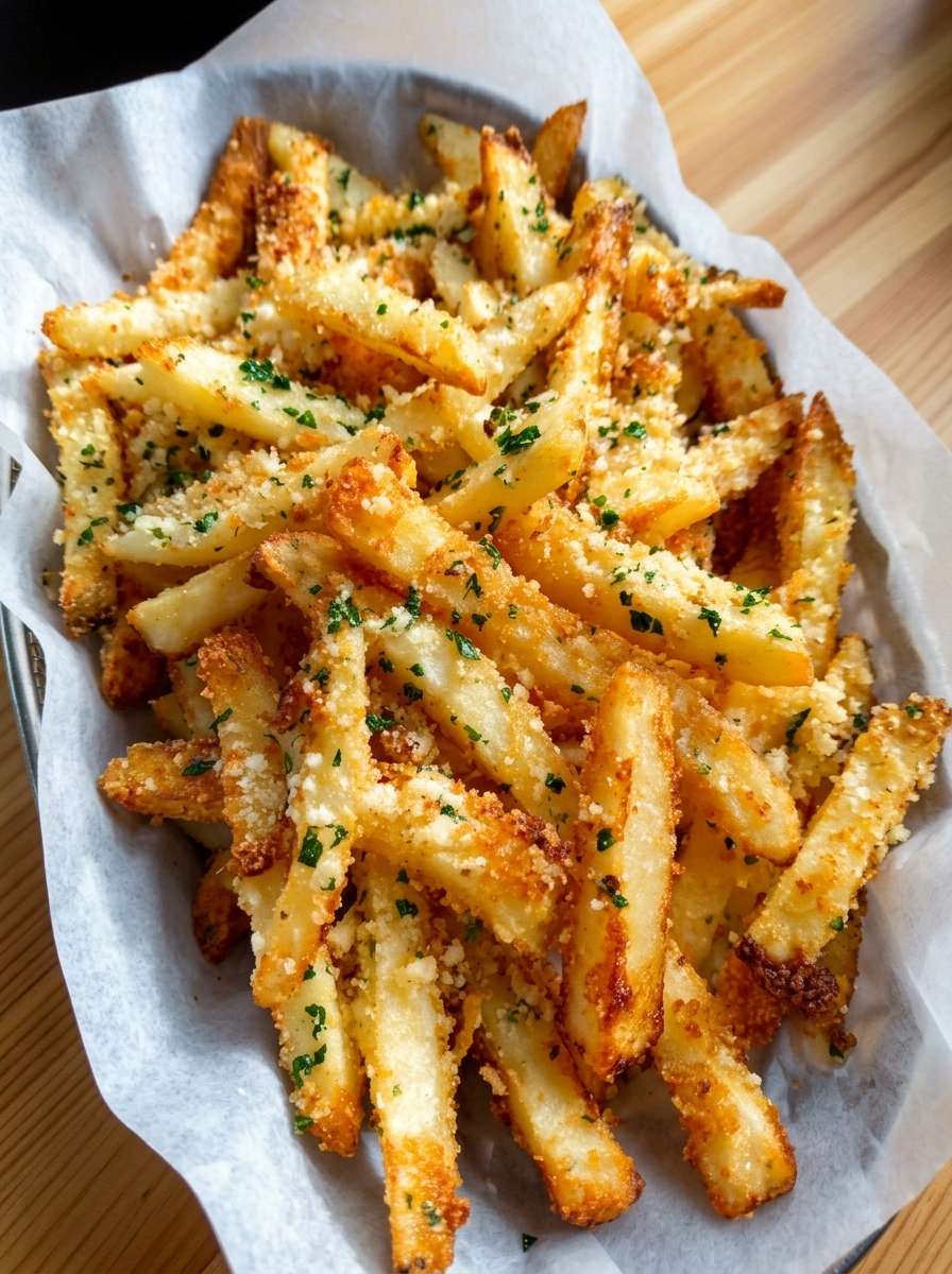 Golden oven-baked garlic Parmesan fries with crisp edges, fluffy centers, finely grated cheese, minced garlic, and fresh chopped parsley.
