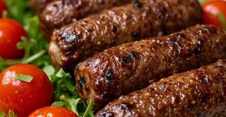 Juicy grilled beef koftas with a browned exterior served over fresh rocket leaves with cherry tomatoes, chopped parsley, warm flatbread, and creamy yogurt sauce.