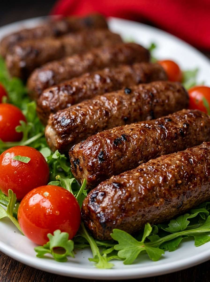 Juicy grilled beef koftas with a browned exterior served over fresh rocket leaves with cherry tomatoes, chopped parsley, warm flatbread, and creamy yogurt sauce.