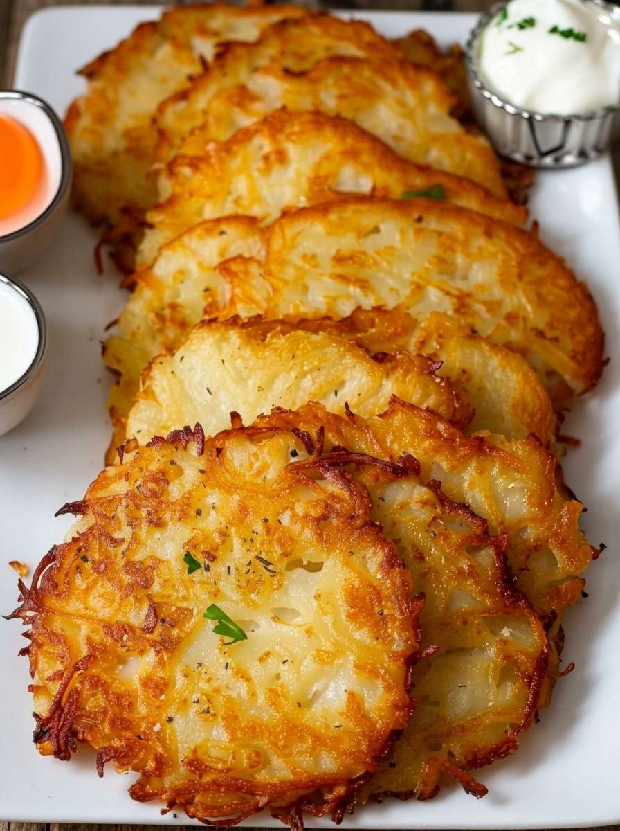 Crispy golden potato pancakes stacked on a plate with a creamy herb yogurt dipping sauce, fresh chives, and a rustic homemade presentation.