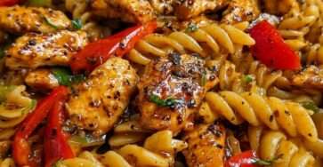 Honey pepper chicken pasta with golden chicken pieces, rotini pasta, colorful bell peppers, glossy honey garlic sauce, and fresh parsley.