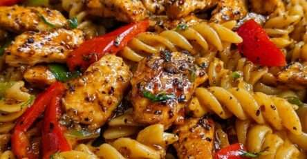 Honey pepper chicken pasta with golden chicken pieces, rotini pasta, colorful bell peppers, glossy honey garlic sauce, and fresh parsley.